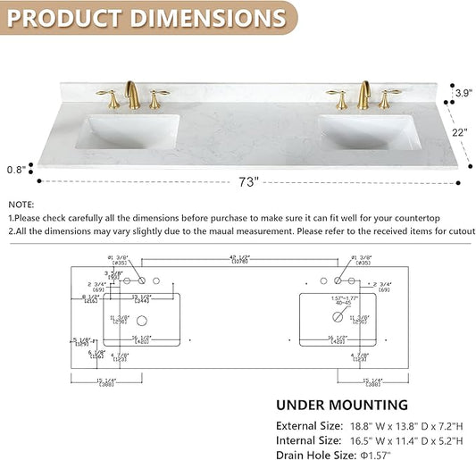 Ceres 73" Engineered Stone Vanity Top in Grain White with Double White Sinks