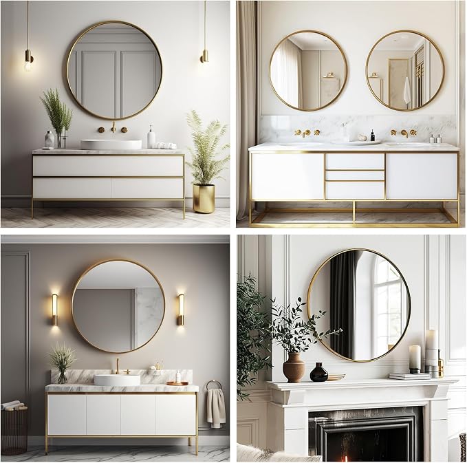 Small Round Mirror, 16 inch Gold Circle Mirror, Brushed Metal Frame | High Definition Mirror, Waterproof, Easy Installation, Circular Mirrors for Vanity, Nursery, Bedroom, Wall Décor