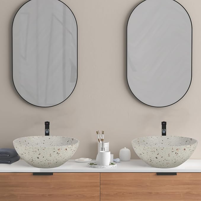YIMAI Terrazzo Vessel Sink with Faucet and Drain, 15.7" Round Concrete Bathroom Sink Above Counter, Modern Artisanal Wash Basin Bowl with Matte Finish, Easy Install Combo Set for Vanity