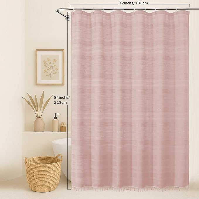 Extra Long Boho Shower Curtain 84 Inch Long, Modern Farmhouse Heavy Duty Linen Textured Soft Fabric, Rustic Country Cloth Shower Curtain with Tassel for Bathroom Hotel, 72Wx84L, Pink