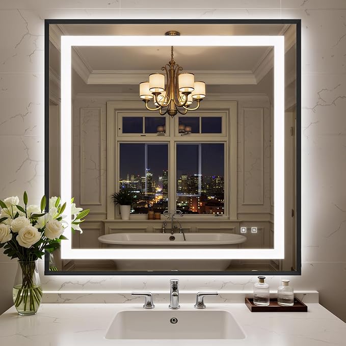 36X36 Inch LED Bathroom Mirror with Lights, Black Frame Frontlit+ Backlit Bathroom Vanity Mirror for Wall, Ultra-Clear Tempered Glass, Shatter-Proof, Anti-Fog and Memory Function, ETL Listed | Bathroom Vanity Mirror for Wall, Ultra-Clear Tempered Glass...