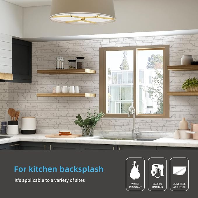Art3d Stone Peel and Stick Backsplash, 10-Sheet, 12" x 12", White Marble | Lightweight, Self Adhesive, Moisture Resistant, Easy to DIY, Modern Style, for Kitchen, Bedroom, Ideal for New Home Buyers