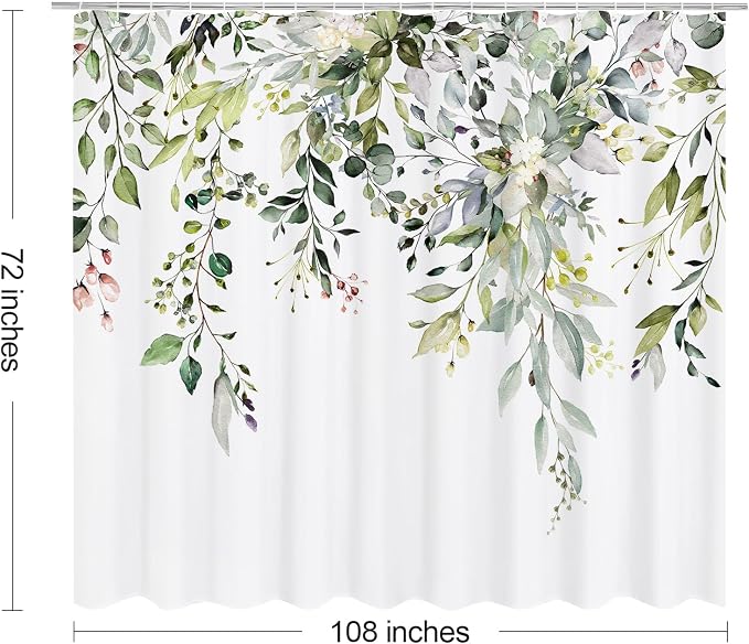 Sage Green Eucalyptus Shower Curtain, Floral Print, 108x72 | Watercolor Plant Leaves Floral Print, Extra Wide Waterproof Fabric Bathroom Decor, Machine Washable, Rustproof Grommets