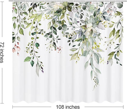 Sage Green Eucalyptus Shower Curtain, Floral Print, 108x72 | Watercolor Plant Leaves Floral Print, Extra Wide Waterproof Fabric Bathroom Decor, Machine Washable, Rustproof Grommets