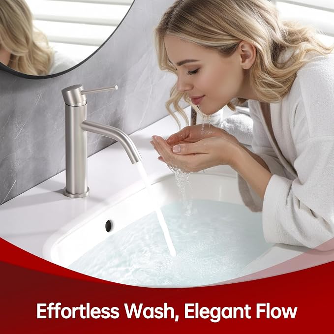 SUMERAIN Bathroom Sink Faucet Brushed Nickel Single Handle | Modern, Lead-Free, Stainless Steel, Single Hole, with Faucet Supply Lines, Easy DIY Install