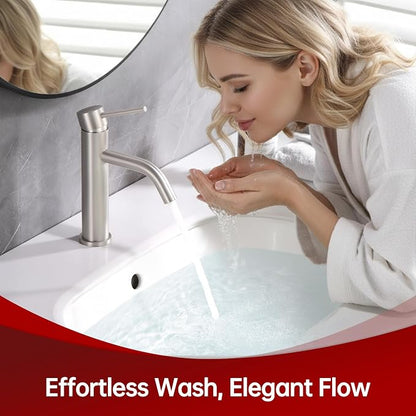 SUMERAIN Bathroom Sink Faucet Brushed Nickel Single Handle | Modern, Lead-Free, Stainless Steel, Single Hole, with Faucet Supply Lines, Easy DIY Install