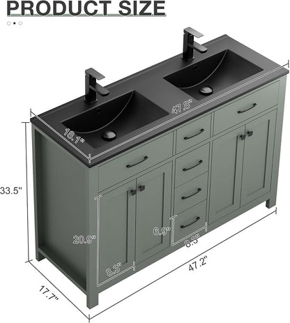 LUCKWIND 48" Modern Bathroom Vanity with Sink Combo, Contemporary Painted Storage Cabinet and Double Black Sink, Include Soft-Closing Doors & Matte Black Faucet, Green