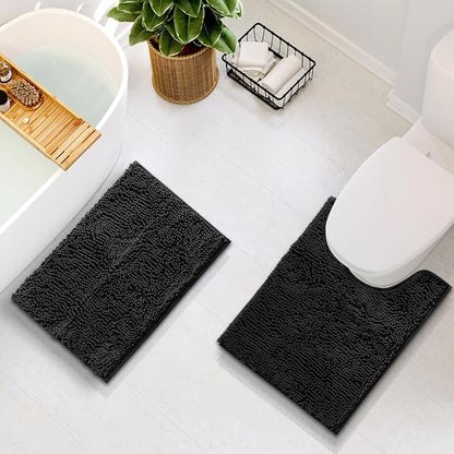 Hearth & Harbor Bathroom Rugs, Chenille Bath Mat - Machine Washable Bath Mats for Bathroom Non-Slip Backing Rubber, Quick Dry Bathroom Mat - Black 17x24-20x24