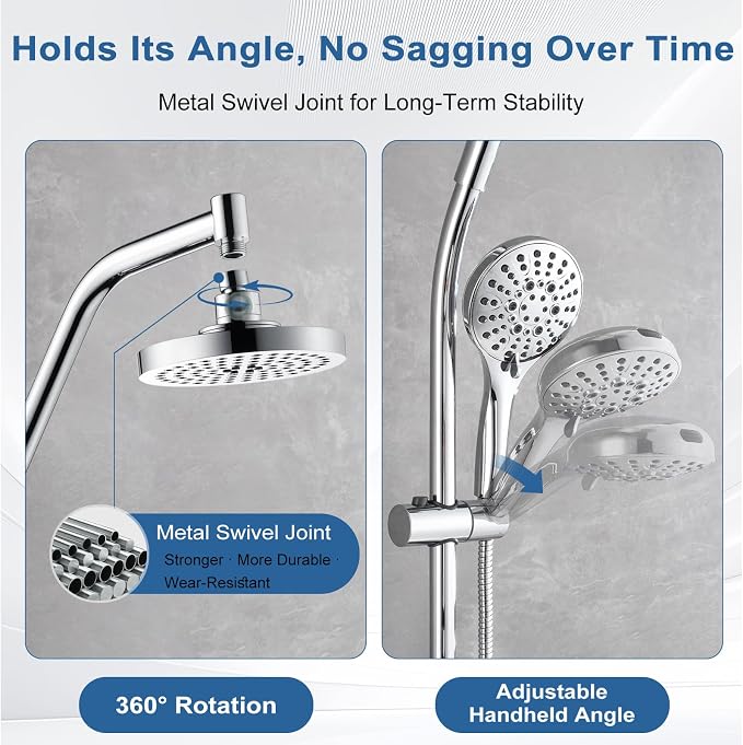 BRIGHT SHOWERS Rain Shower Head with Handheld Combo, Dual Shower System with Slide Bar, Rain Shower System, Adjustable Height, Brass Slide Bar & Diverter, 60 Inch Stainless Steel Hose, Chrome
