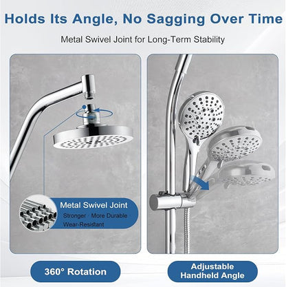 BRIGHT SHOWERS Rain Shower Head with Handheld Combo, Dual Shower System with Slide Bar, Rain Shower System, Adjustable Height, Brass Slide Bar & Diverter, 60 Inch Stainless Steel Hose, Chrome