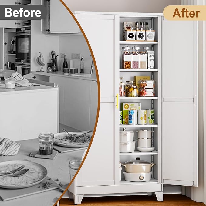 75" White Tall Metal Storage Cabinet with 2 Doors and 5 Adjustable Shelves,Steel Garage Tool Cabinet, File Cabinet,Kitchen Pantry Cabinet for Home,Office,Garage,School,Warehouse