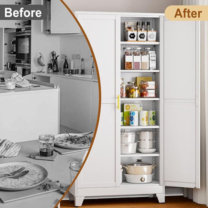 75" White Tall Metal Storage Cabinet with 2 Doors and 5 Adjustable Shelves,Steel Garage Tool Cabinet, File Cabinet,Kitchen Pantry Cabinet for Home,Office,Garage,School,Warehouse