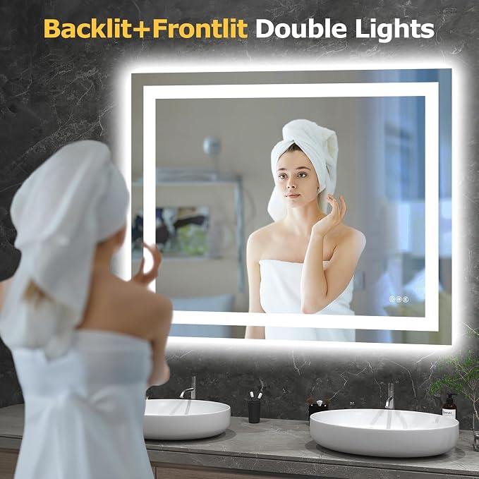 Hivone 40"X32" LED Bathroom Mirror with Lights, Anti-Fog, Dimmable, Backlit + Front Lit, Smart Bathroom Vanity Mirror, Memory Function, Shatterproof, Tempered Glass (Horizontal/Vertical)