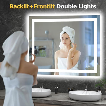 Hivone 40"X32" LED Bathroom Mirror with Lights, Anti-Fog, Dimmable, Backlit + Front Lit, Smart Bathroom Vanity Mirror, Memory Function, Shatterproof, Tempered Glass (Horizontal/Vertical)