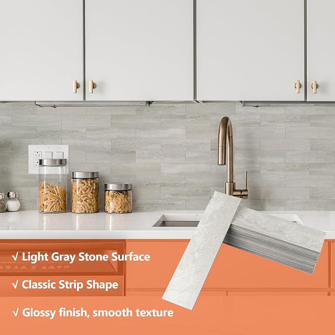 4-Piece Light Gray Stone Peel and Stick Backsplash Tile, 2"x 8" PVC Subway Tiles, Stick on Backsplash for Kitchen/Bathroom/Fireplace