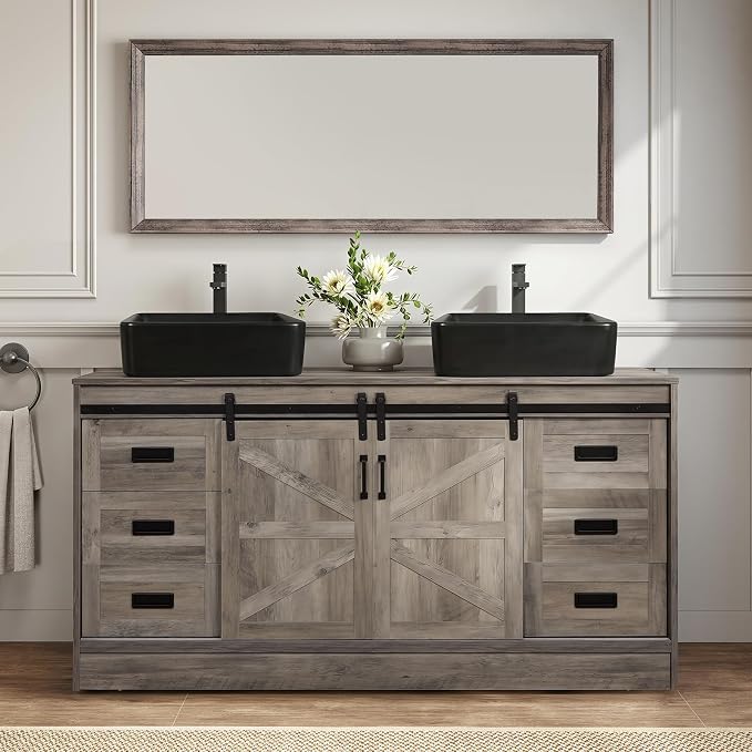60" Barn Door Bathroom Vanity with 6 Drawers and Two Doors, Farmhouse Style Standing Pedestal Cabinet with Two Black Ceramic Sinks