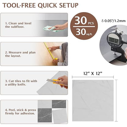 Peel and Stick Floor Tile, 30 PCS 12" x 12" Checkered Waterproof Marble Texture Luxury Vinyl Tiles, Easy DIY Self Adhesive Vinyl Flooring for Bathroom, Kitchen, Living Room, Dark Gray/White