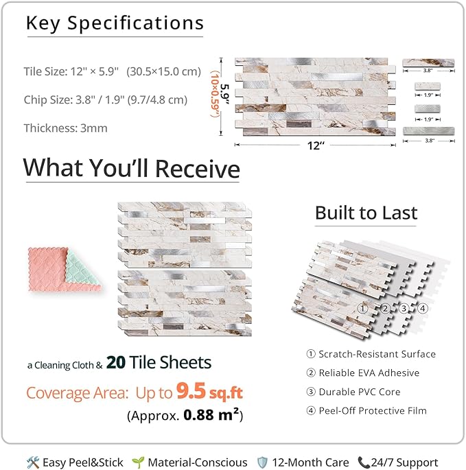 StyloVue 20 Sheets Peel and Stick Backsplash for Kitchen, 2026 Upgraded Ivory Calacatta Marble Look with Silver Metal Accents, Glossy Finish, Stick on Tile for Kitchen Backsplash, RV, Fireplace
