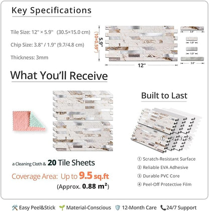 StyloVue 20 Sheets Peel and Stick Backsplash for Kitchen, 2026 Upgraded Ivory Calacatta Marble Look with Silver Metal Accents, Glossy Finish, Stick on Tile for Kitchen Backsplash, RV, Fireplace