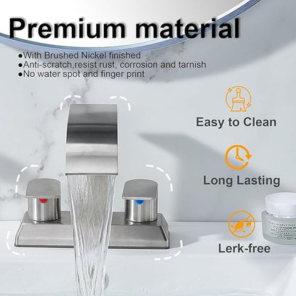 IKEBANA Brushed Nickel Waterfall Bathroom Faucet,2 Handle Stainless Steel 4 inch Bathroom Sink Faucet Modern Waterfall Spout Faucets Lead-Free Faucets with Supply Hoses and Pop-up Drain, IK-ZT2317L