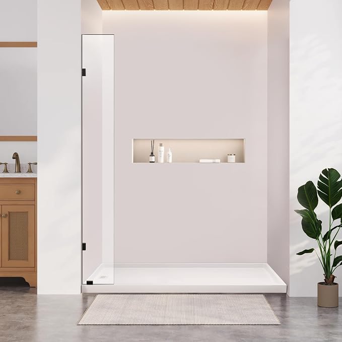 Bathroom Shower Glass Door 10" W×78.75" H, 3/8"(10mm) Thick Clear Tempered Glass Panel with Clamps, Fixed Frameless Waterproof Shower Door, Matte Black