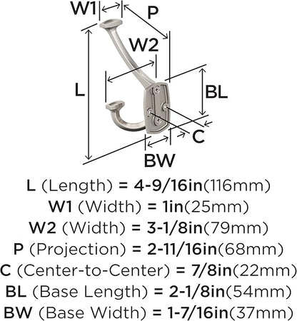 Amerock H37004G10 | Vicinity Triple Prong Decorative Wall Hook | Satin Nickel Hook for Coats, Hats, Backpacks, Bags | Hooks for Bathroom, Bedroom, Closet, Entryway, Laundry Room, Office