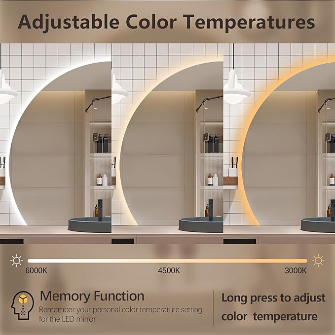 40" Half Moon LED Bathroom Mirror, Backlit Wall Mirror with Lights | Frameless Vanity Mirror with 3 Color Dimmable, Anti Fog, HD Shatter-Proof, IP65 Waterproof, Memory, CRI95+, Right/Left Cut