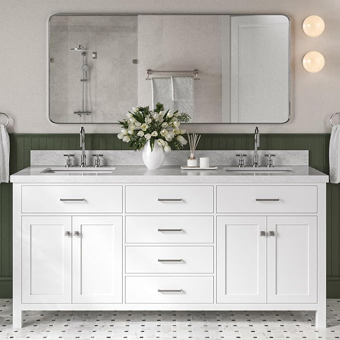 Alenza 72 Inch Bathroom Vanity Double Sink — White Bathroom Vanity with Sink, 1.5" Edge Italian Carrara Marble Countertop & Backsplash, 4 Soft-Close Doors, 4 Dovetail Drawers