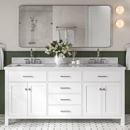 Alenza 72 Inch Bathroom Vanity Double Sink — White Bathroom Vanity with Sink, 1.5" Edge Italian Carrara Marble Countertop & Backsplash, 4 Soft-Close Doors, 4 Dovetail Drawers