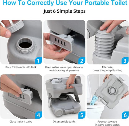 YITAHOME Portable Toilet 2.6 Gallon Camping RV Potty | Double Water Outlet, Press Flush Pump, for Travel, Boating, Hiking, Trips,Gray
