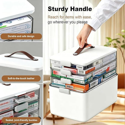 MOPUP 4-Tier Medicine Craft,Sewing,Art,Organizer Storage,Portable Latch Bin with Lid and Leather Handle,Pill Bottle, First Aid,Comes with a 7-Day Pill Organizer,A Household Essential