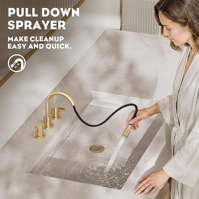Pull Down Sprayer Brushed Gold 8 Inch Bathroom Sink Faucet, 2 Handles 3 Hole Widespread Pull Out Bathroom Faucet，with Pop Up Drain and Water Supply Line,BF04022-K01-BG