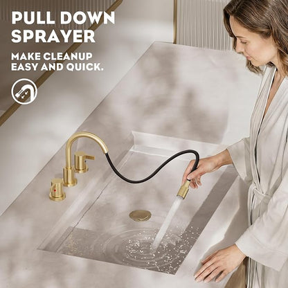Pull Down Sprayer Brushed Gold 8 Inch Bathroom Sink Faucet, 2 Handles 3 Hole Widespread Pull Out Bathroom Faucet，with Pop Up Drain and Water Supply Line,BF04022-K01-BG
