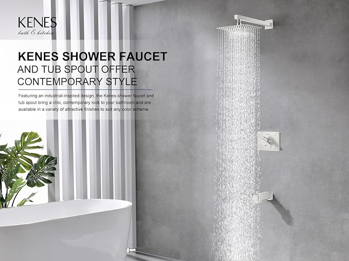 KENES Brushed Nickel Shower Set with Tub Faucet, Tub and Shower Trim Kit | Shower Faucet with 10-Inch Rain Shower Head, Square Shower System, Valve Included, Lead-Free cUPC & NSF Certified, Stainless