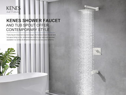 KENES Brushed Nickel Shower Set with Tub Faucet, Tub and Shower Trim Kit | Shower Faucet with 10-Inch Rain Shower Head, Square Shower System, Valve Included, Lead-Free cUPC & NSF Certified, Stainless