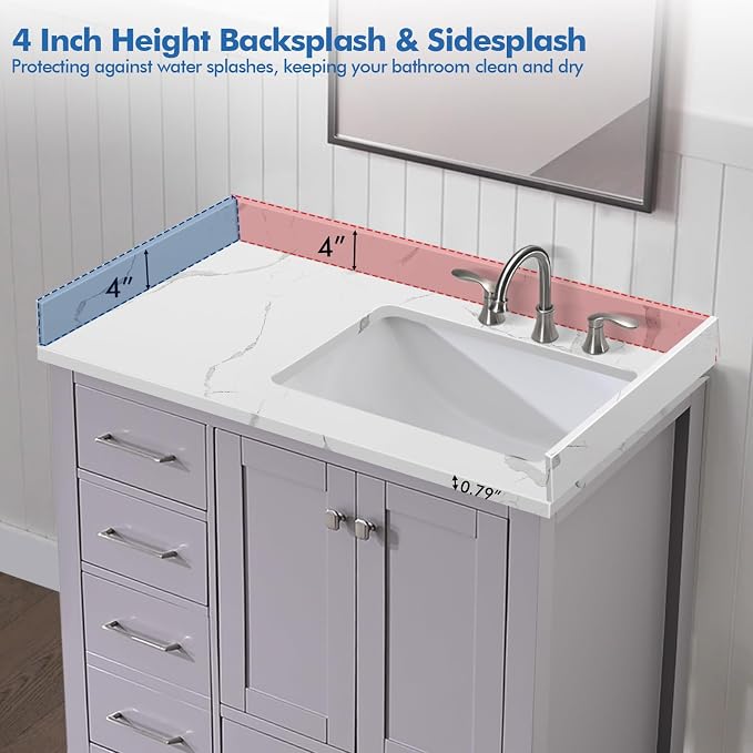36 in.W x 22 in.D Quartz Calacatta River Vanity Top,with Undermount Right Offset Sink Vanity Top,with Two Sidesplash & One Backsplash,8 Inch Faucet Hole Spread Bathroom Vanity Sink Countertop