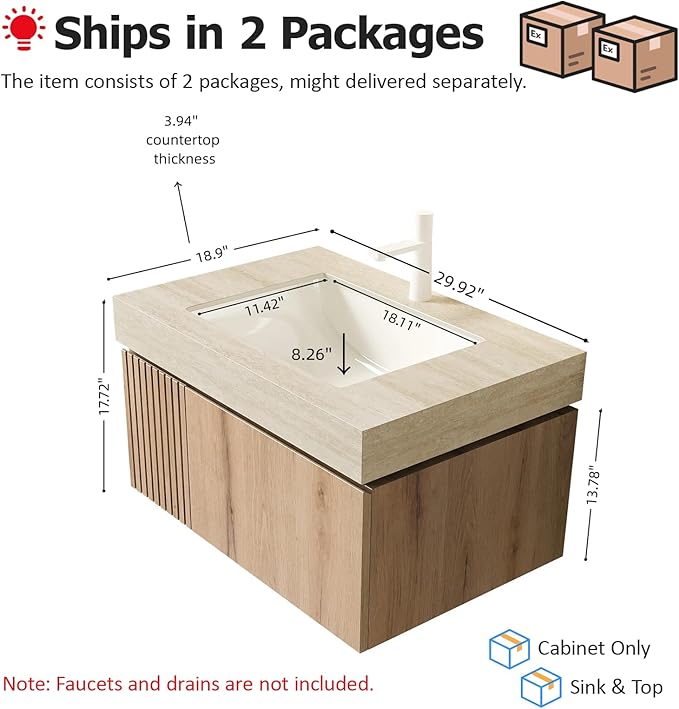 Ambrovina 30 inch Bathroom Vanity with Sink, Wall Mounted Storage Vanities with Drawer and Door, Roma Travertine-Pattern Countertop and Ceramic Basin, Pre-Assembled Cabinet, Light Wooden Color