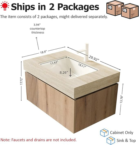Ambrovina 30 inch Bathroom Vanity with Sink, Wall Mounted Storage Vanities with Drawer and Door, Roma Travertine-Pattern Countertop and Ceramic Basin, Pre-Assembled Cabinet, Light Wooden Color