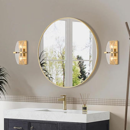 2-Light Modern Gold Wall Sconce with Water Rippled Glass Shades | 13 Inch Hardwired Indoor Wall Light with Gold Finish for Hallway, Living Room, Bedroom, Kitchen