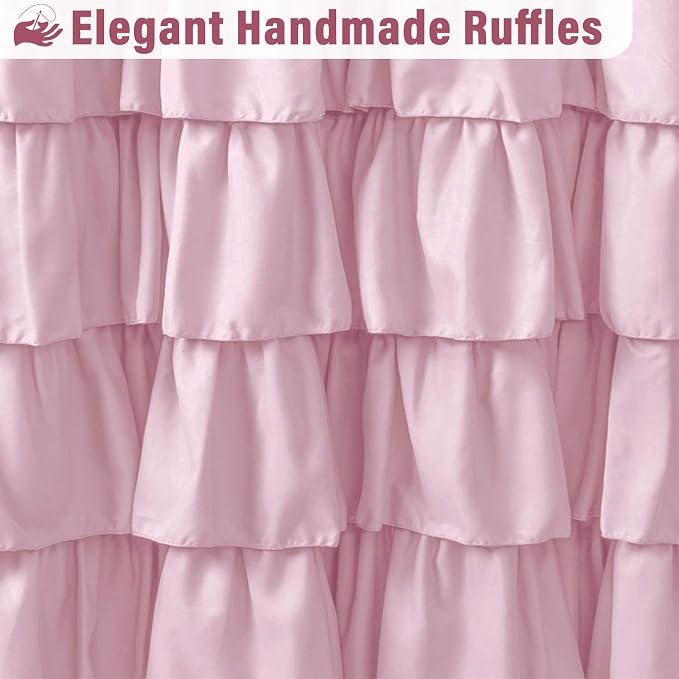 Seasonwood Pink Ruffle Shower Curtain Farmhouse Shower Curtain 72 X 72 | Natural button accents, layered fabric tiers, shabby chic and French country styling for decorative bathroom updates