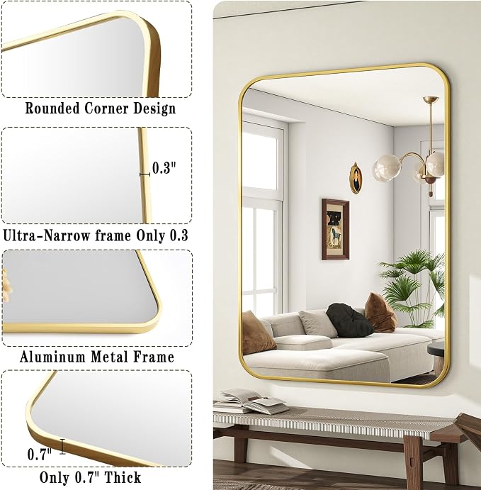 30x40 Inch Gold Bathroom Vanity Mirror for Over Sink | Rectangle Wall Mirror for Bathroom with Round Corner, Hangs Horizontally Vertically for Living Room, Bedroom as Home Decor