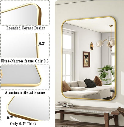 30x40 Inch Gold Bathroom Vanity Mirror for Over Sink | Rectangle Wall Mirror for Bathroom with Round Corner, Hangs Horizontally Vertically for Living Room, Bedroom as Home Decor