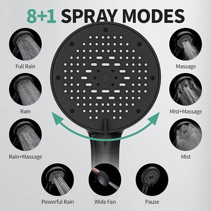 12 Inch Wide Rain Shower Head with Filtered Handheld Combo, High Pressure Rainfall Shower Head, 9 Spray Modes Handheld with 9-Inch Extension Arm, Comes with Filter Removes Chlorine(Black)