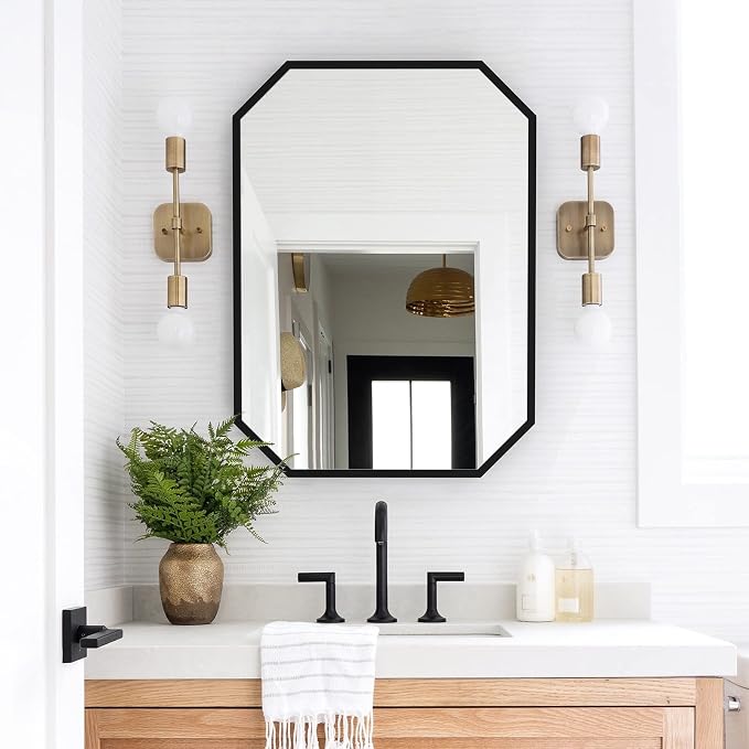 24x36 Inch Octagon Mirror for Bathroom Black Wall Mirror Rectangle Mirror | Black Bathroom Mirror Metal Frame Wall Mirror Decorative Rustic Accent Vanity Mirror Hanging for Over Sink Entryway