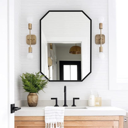 Black Bathroom Mirror 20x28 Inch Octagon Wall Mirror | Rectangle Vanity Mirror Metal Frame Accent Mirror Decorative Rustic Makeup Mirror Hanging for Over Sink Entryway