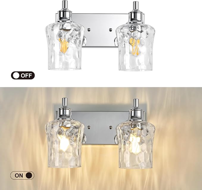 Bathroom Light Fixtures Farmhouse Chrome Vanity Lights for Bathroom Lighting Fixtures Over Mirror with Hammered Glass Lampshade for Cabinet Mirror Bedroom Hallway 2 Light
