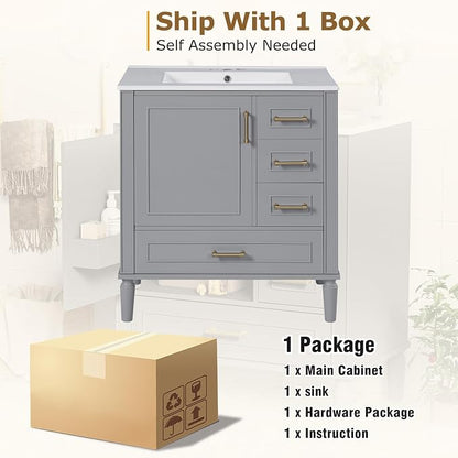 30" Bathroom Vanity with Sink,Free Standing Single Basin Vanity Set w/ 3 Drawers & Soft Closing Door,Solid Wood Frame,Metal Handles,Modern Storage Cabinet for Small Space,Grey