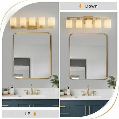 5-Light Square Bathroom Light Fixture, Gold Modern Vanity Light with White Marble Glass Shade, for Bathroom Mirror, Living Room, Bedroom, Hallway, E26 Base