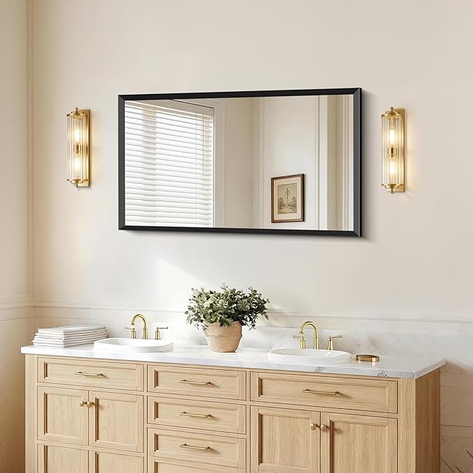 Black Bathroom Mirror 30 x 50 Inch Rectangle Wave Beveled Frame for Wall Bathroom Vanity Mirror for Over Sink, Tempered Glass,for Entryway Hangs, Bathroom Living Room Horizontal or Vertical
