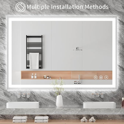 Koonmi 55x36 LED Bathroom Mirror with Light, Anti-Fog, 3 Colors | Backlit + Front Lit, Dimmable Brightness, Shatterproof HD Distortion-Free Tempered Glass, Hardware Included
